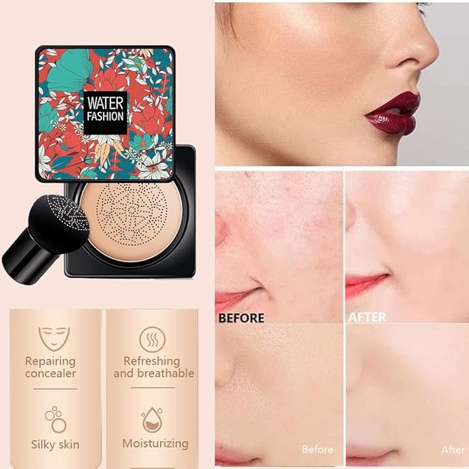 Air Cushion CC Cream Mushroom Head Foundation Air Cushion BB Cream Concealer Moisturizing Brighten Makeup Long Lasting Waterproof-Natural 1Pack