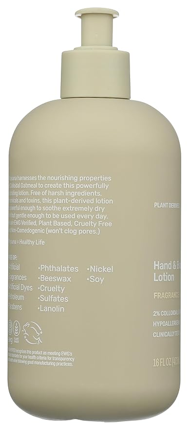 Vitasana Hydrating Hand & Body Lotion, 16 oz – Fragrance‑Free, 99% Plant‑Derived with 2% Colloidal Oatmeal, EWG Verified, Hypoallergenic, Paraben‑Free, Sulfate‑Free, Cruelty‑Free