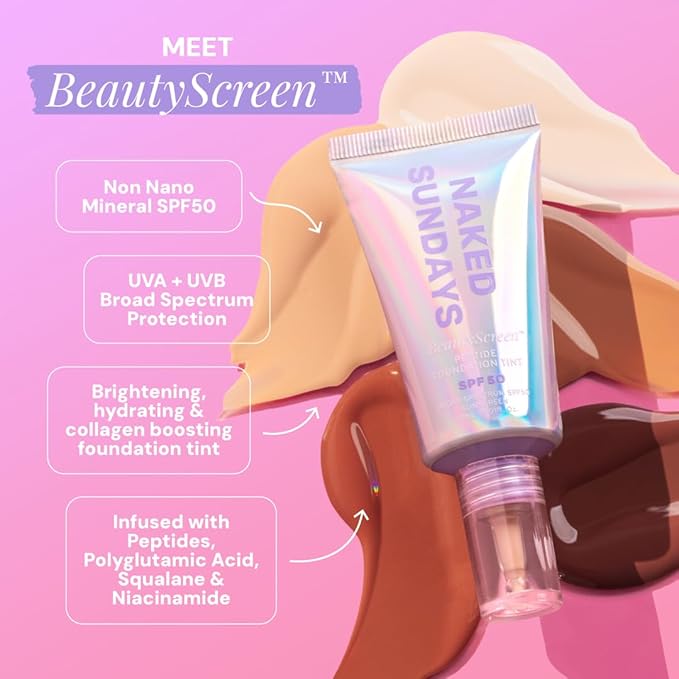 Naked Sundays BeautyScreen™ SPF 50 Mineral Peptide Foundation Tint – 2-in-1 Skin Tint & Mineral Sunscreen | Radiant, Buildable Coverage, Acne-Safe, Infused with Peptides (10 Deep Neutral, 1.01 oz)