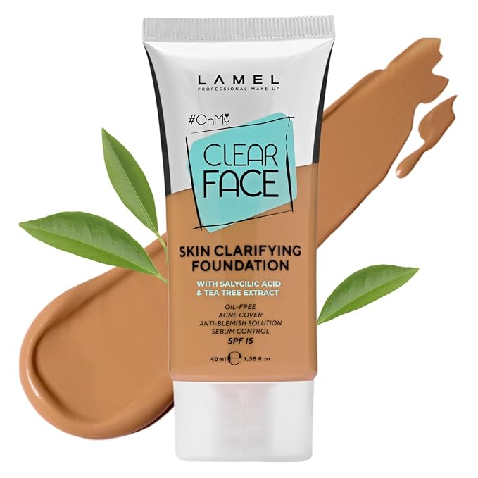 Lamel- Oh my Clear Face Foundation-406 Sand | Contains tea tree extract and salicylic acid |Controls sebum production |Anti-blemish formula |Oil free foundation | 40ml