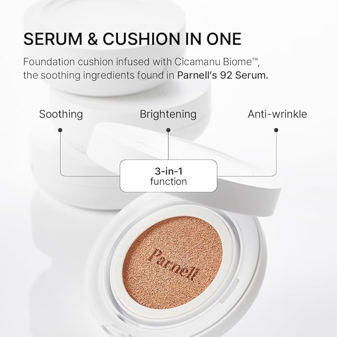 Parnell Cicamanu Serum Cushion - Moisturizing Foundation for Soothing, Coverage, Glass Skin and Lightweight for Sensitive and Dry Skin Pearl Skin (0.52 Fl Oz) (#21 Fair Ivory)