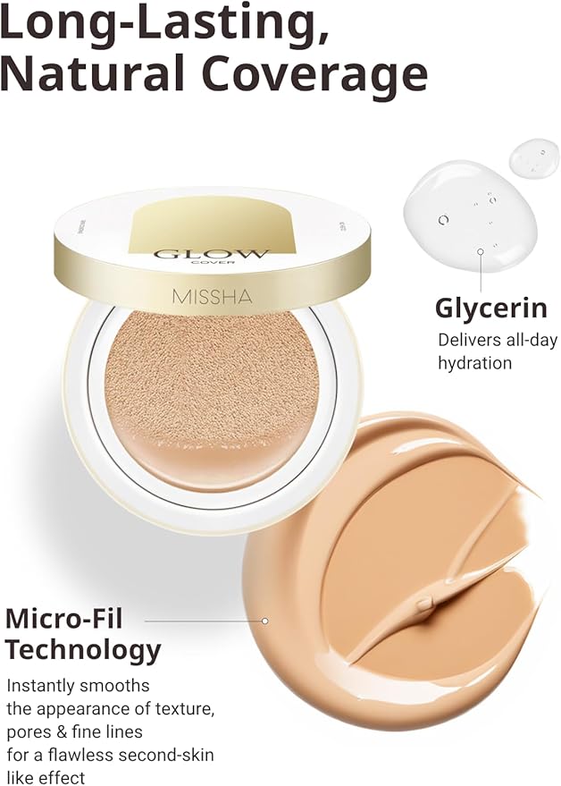 MISSHA Glow Cushion No.23 Natural Beige for Natural Skin Radiant & Moisturizing Skin with Buildable Coverage