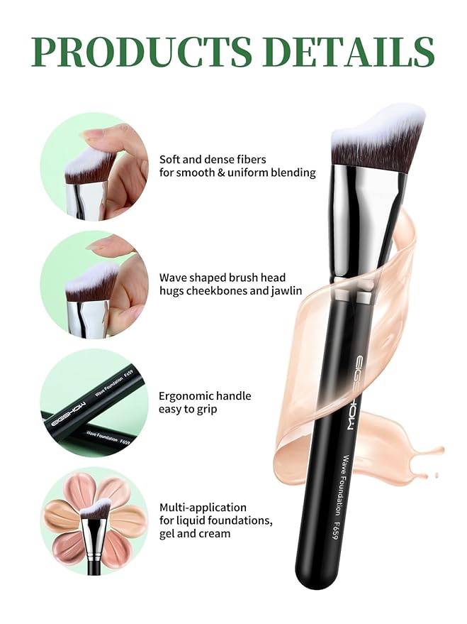 EIGSHOW Foundation Brush with Wave Shaped Head for Liquid, Cream, Powder Blending Cheekbones Jawline, Large Premium Dense Synthetic Bristles (F659)