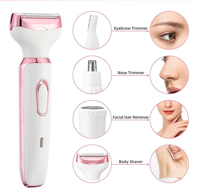4-in-1 Electric Razor for Women - Rechargeable Painless Body & Facial Hair Remover, Bikini Trimmer for Legs, Underarm & Face, Portable Women's Shaver Set with Smooth Glide Technology