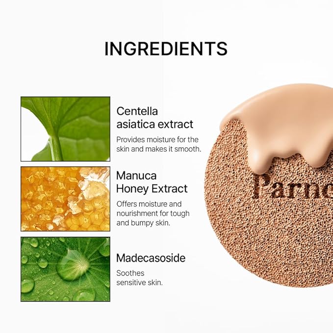 Parnell Cicamanu Serum Cushion - Moisturizing Foundation for Soothing, Coverage, Glass Skin and Lightweight for Sensitive and Dry Skin Pearl Skin (0.52 Fl Oz) (17N)