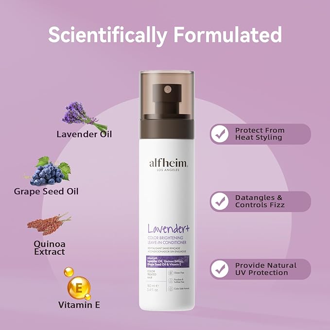 ALFHEIM Lavender Purple Leave-In Conditioner Spray Repairs Blonde & Gray Hair Strengthens Dry Damaged Strands Lightweight Non-Sticky Formula Paraben & Sulfate-Free for On-the-Go & Post-Color Care