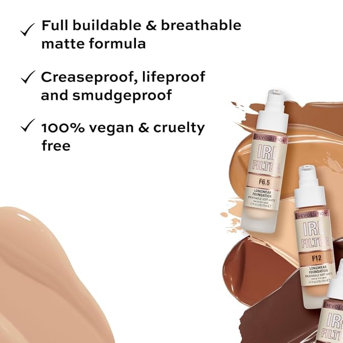 Revolution Beauty, IRL Filter Longwear Foundation, Soft & Breathable Formula, Medium to Full Coverage, Matte Finish, F12, 0.7 Fl. Oz