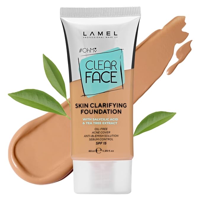 Lamel- Oh my Clear Face Foundation-405 Buff Beige | Contains tea tree extract and salicylic acid |Controls sebum production |Anti-blemish formula |Oil free foundation | 40ml
