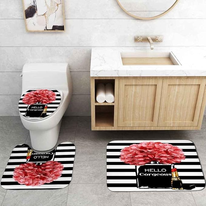 4PCS Hello Gorgeous Shower Curtain Set Watercolor Red Floral Black and White Striped Perfume Lipstick Makeup Vintage Modern Fashion Women Bathroom Decor Non-Slip Bath Mat Toilet Rug, Hydrangea