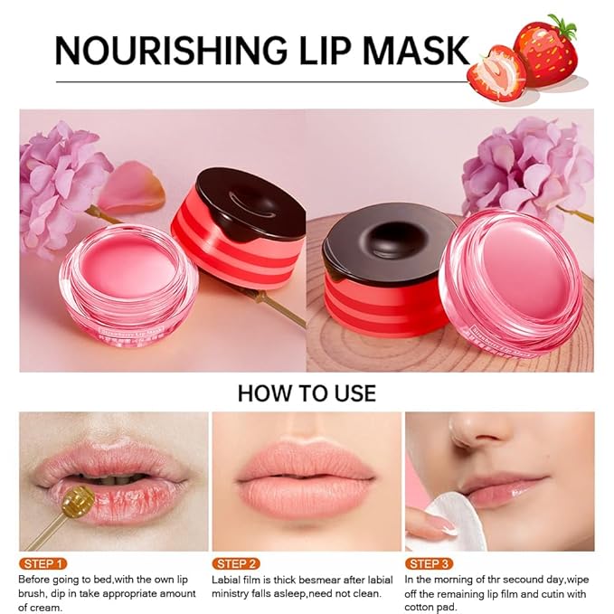 2PCS Strawberry Pot Lip Balm with Brush,Lip Exfoliating Balm Sleeping Lip Mask,Hydrating Prevention Dry and Cracked Lip Scrubs Exfoliato Lip Sleeping Mask Reduces Lip Lines Lip Care Products