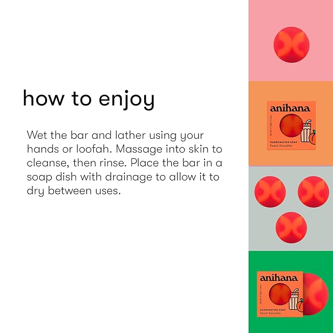 ANIHANA Handcrafted Soap 3 Pack with Coconut Oil, Gentle Cleansing Paraben Free Cruelty Free Refreshing Peach Smoothie Scent 4.23 oz each