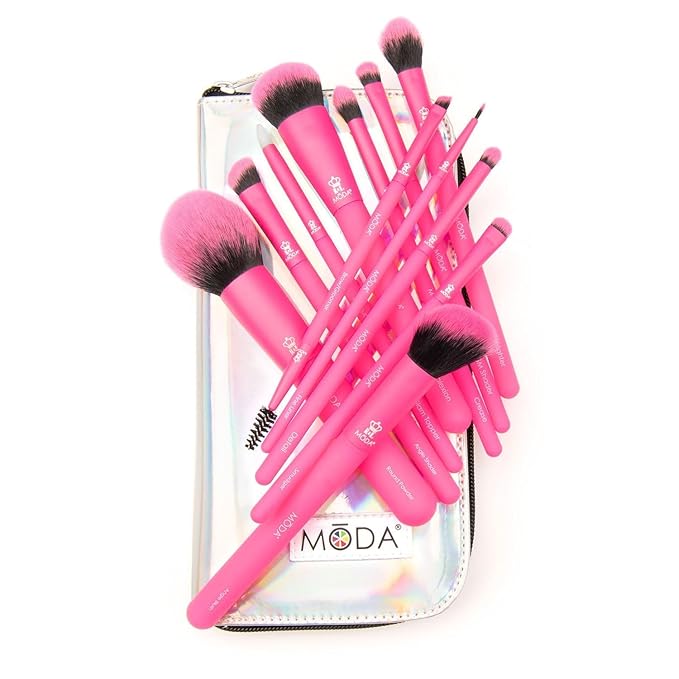 MODA Totally Electric Neon Full Face Makeup Brush Kit – 13pc Vibrant Brush Set for Face & Eyes with Zip Case (Neon Pink)