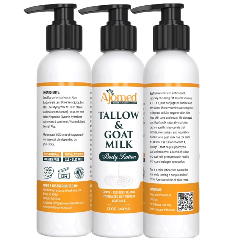 Grass Fed Beef Tallow & Goat Milk Body Lotion for Sensitive Skin, Organic Tallow Lotion - Soothes Dry Patches, Goat Milk Moisturizer - Handmade Tallow Body Lotion (Oatmeal & Honey, 8 Oz)