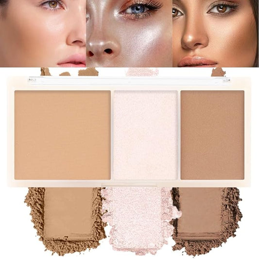 3 IN 1 Brown Nude Face Highlight Bronzer Powder Palette for Face Cheeks Contour Brightening, Buildable Matte Coverage Natural Makeup,Ultra Sculpt Nose Shadow Eyeshadow Primer 02#