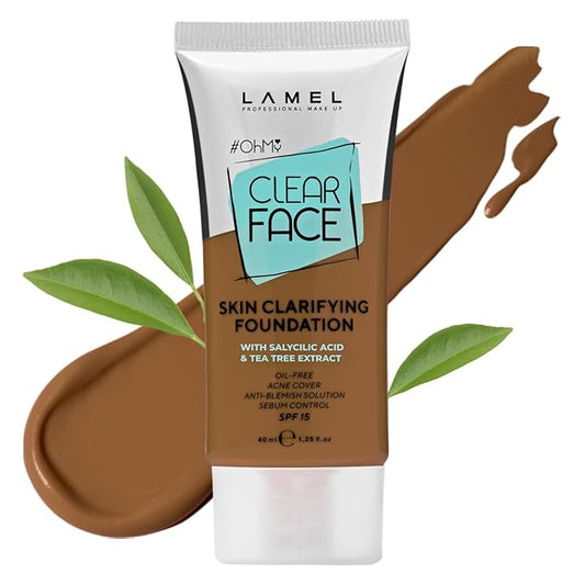 Lamel- Oh my Clear Face Foundation- SPF15-408 Golden | Contains tea tree extract and salicylic acid |Controls sebum production |Anti-blemish formula |SPF 15 |Oil free foundation | 40ml