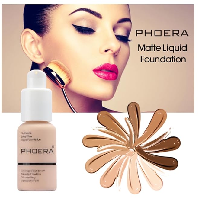 2Pcs Liquid Foundation Full Coverage 24HR Matte Oil Control Concealer 30ml (Nude & Buff Beige) with Kabuki Foundation Brush Flat Top (1pcs-110)