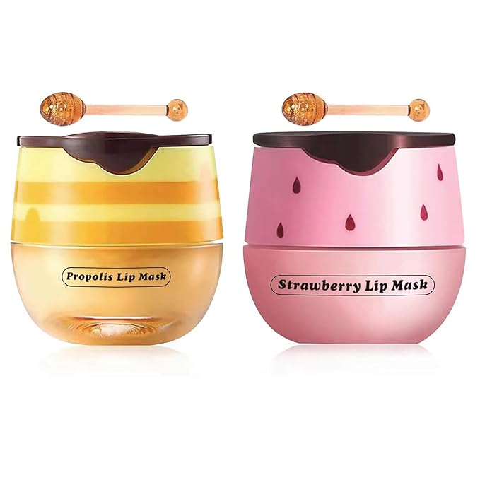 2 Pcs Strawberry & Honey Lip Balm, Lip Mask with Stick, Moisturizing Lip Sleeping Mask Day & Night Lip Care - Hydrate Repair Prevent Dry Cracked Exfoliate (Honey+Strawberry)