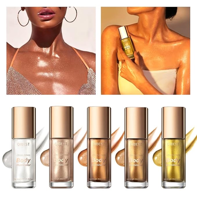 40ml Body Shimmer Oil,Liquid Body Illuminator, Waterproof Moisturizing And Glow For Face & Body, All-In-One Makeup Liquid Illuminator, Summer Body Luminizer,Makeup Brush Include (05#Gold)