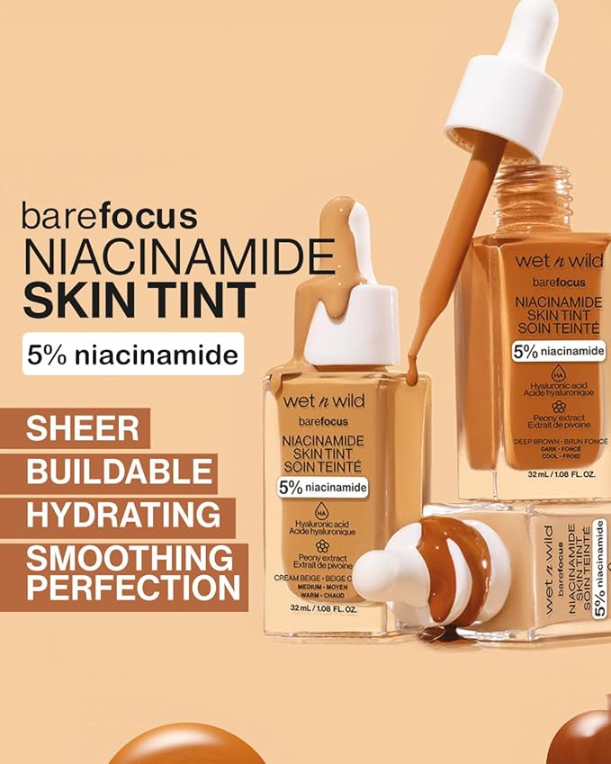 wet n wild Bare Focus Skin Tint, 5% Niacinamide Enriched, Buildable Sheer Lightweight Coverage, Natural Radiant Finish, Hyaluronic & Vitamin Hydration Boost, Cruelty-Free & Vegan - Cream Beige
