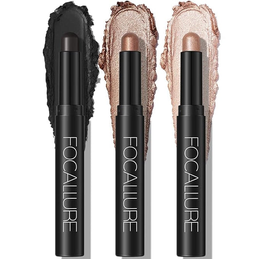 FOCALLURE 3 Pcs Cream Eyeshadow Stick,Shimmer Eyeshadow Pencil Crayon,High Pigmented Crease-proof Eye Shadow Brightener Sets,Long Lasting Eye Shadow Highlighter Stick Makeup,Coral Sea