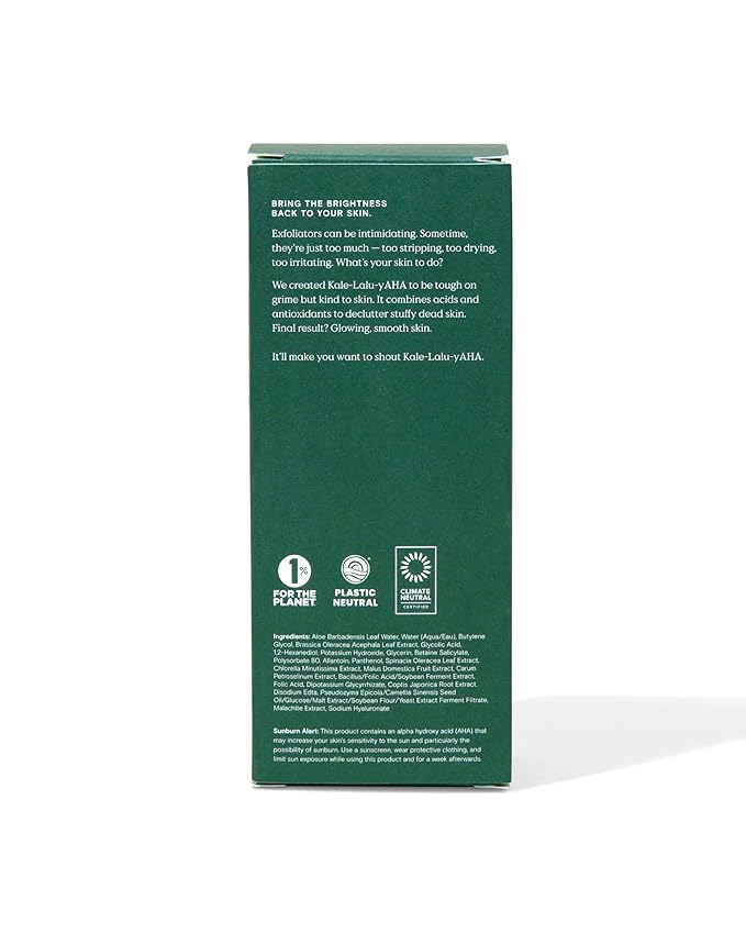 Krave Beauty Kale-Lalu-yAHA - Gentle 5.25% AHA Exfoliator with Glycolic Acid, Hyaluronic Acid, and Vitamin-Rich Kale for Texture, Discoloration, and Dead Skin Cells, Vegan and Cruelty-Free, 6.76 fl oz