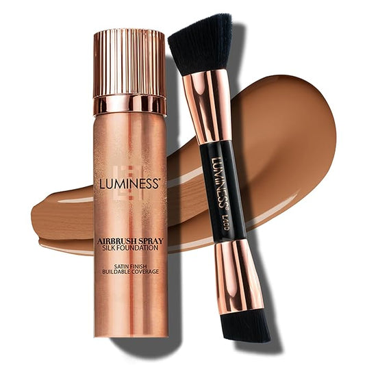 LUMINESS Silk Airbrush Spray Foundation & Buffing Brush Kit – Full Coverage Foundation & Dual-Sided Buffing Brush - Buildable Coverage, Anti-Aging Formula Hydrates & Moisturizes (Shade - Tan)