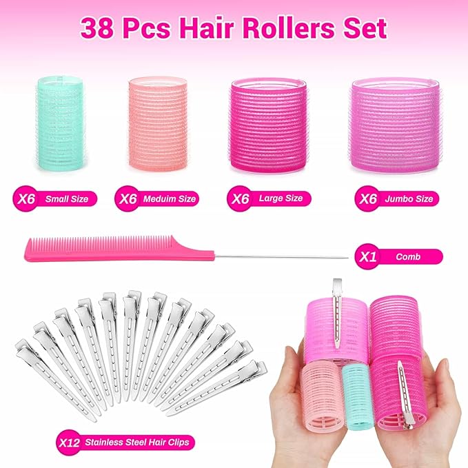 Acejoz Hair Rollers Set for Blowout Look, 38 Pcs Self Grip Hair Rollers with 4 Sizes, 12 Pcs Hair Clips, Comb, Storage Bag for Long, Medium, Short, Thick Hair Volume (Multicolor)