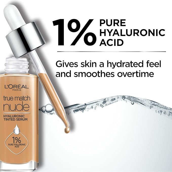 L'Oreal Paris True Match Nude Hyaluronic Tinted Serum Foundation with 1% Hyaluronic acid, Cool Deep 7.5-8.5, 1 fl. oz.