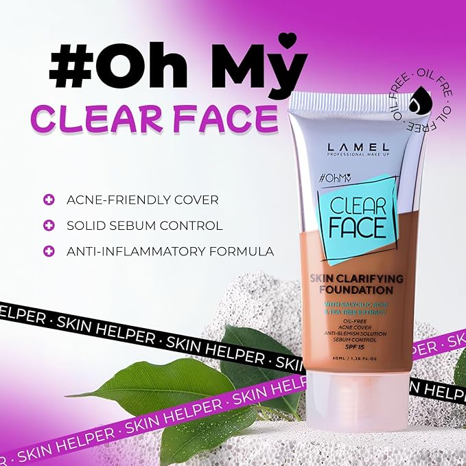 LAMEL OhMy Clear Face Full Coverage Foundation - Acne Coverage - Salicylic Acid & Tea Tree Extract - Dewy & Flawless Finish - Sensitive Skin Care - Organic & Oil-Free - 410, 1.35 fl.oz