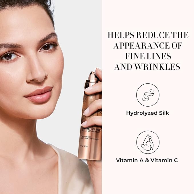 LUMINESS Silk Airbrush Spray Foundation & Buffing Brush Kit – Full Coverage Foundation & Dual-Sided Buffing Brush - Buildable Coverage, Anti-Aging Formula Hydrates & Moisturizes (Shade - Rich Dark)