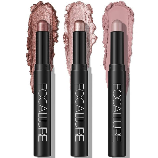 FOCALLURE 3PCS Cream Eyeshadow Stick Sets,Matte and Shimmer Eye Brightener, High Pigmented Crease-proof Pencil,Long Lasting Eye Shadow Highlighter Makeup,Rose Mirage