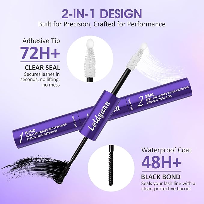 Eyelash Glue and Lash Bond & Seal, 72H Waterproof Cluster Lash Glue for Eyelash Extensions, Long-Lasting & Non-Irritating, 2-in-1 Bond and Seal for Lash Clusters