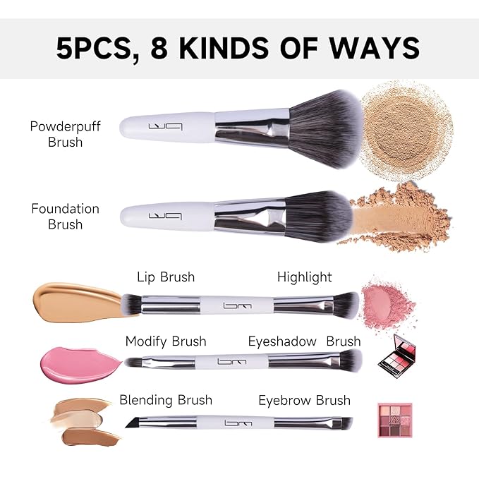 Travel Makeup Brushes Set w/Pouch, 5PCS Double Ended Portable Mini Cosmetic Brushes Kit for Foundation, Eyeshadow, Lip, Blush Make Up Brushes Professional(White)