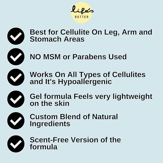 Life's Butter Anti-Cellulite Cream with L-Carnitine, Coenzyme Q10 | Skin Smoothening Natural Product | Fights Cellulite and Stretch Marks | 6 fl oz (Scent-Free) + Dry Brush