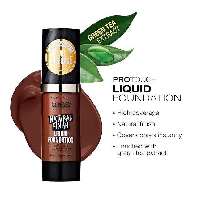 Kiss New York Professional Liquid Foundation - Lightweight and Hydrating Formula, Natural Finish, Control Shine, Cover Pores, Medium to Full Coverage, Green Tea Extract (Chestnut)
