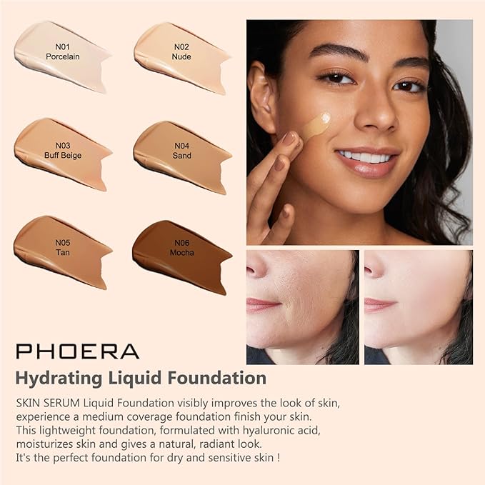 PHOERA Foundation Full Coverage,and Medium Coverage 2024 New PHOERA Foundation Makeup for Mature Skin, Lightweight Wrinkles Matte Natural Finish for a Flawless Complexion(103+N02/Warm peach+Nude)