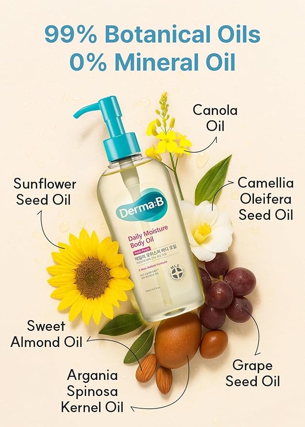 Derma B | Daily Moisture Body Oil | 99% Natural Argan & Sweet Almond Oil | Shower Oil for Dry Sensitive Skin | Light & Long-Lasting Hydration | Skin Body Care Oil with Peach Scent | 6.78 fl oz (200ml)