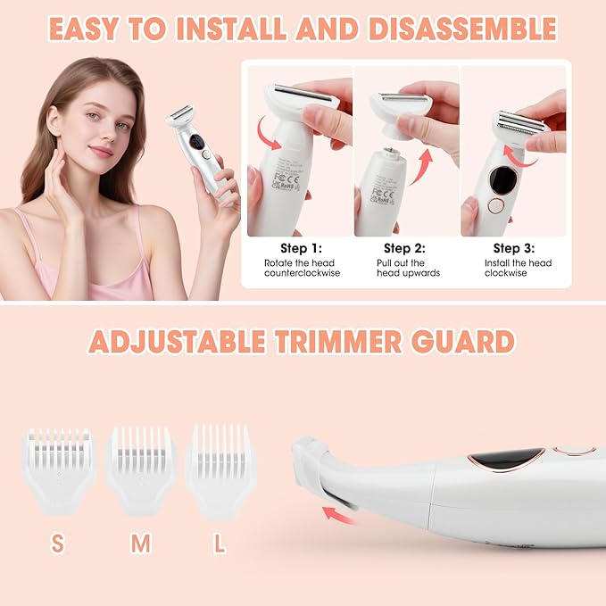 5 in 1 Bikini Trimmer for Women,IPX7 Waterproof Cordless Replaceable Pubic,Eyebrow,Facial Electric Razors&Nose Hair Trimmer&Painless Body Shaver for Arms Legs Underarms,USB Charge,LED Display,Wet&Dry