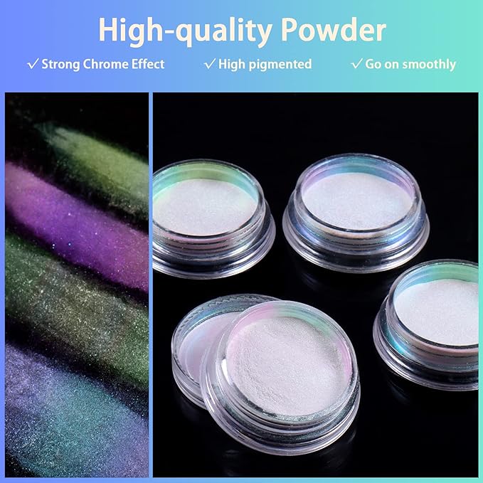 Allstarry White Chrome Nail Powder, 4 PCS Color-Shift Chameleon Mica Powder Aurora Chrome Effect Glitter Dust Iridescent Pearlescent Pearl Pigment for Gel Polish Nail Art Decoration, Resin Craft