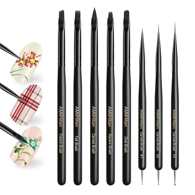 8PCS Nail Art Brushes for Builder Gel, Polygel & Polish – Flat, Round, Liner, French Tip & Detail Brushes for 3D Acrylic Flowers – Professional Nail Painting & Design Tools