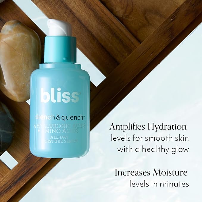 Bliss Hyaluronic Acid Drench & Quench Facial Serum – Hydrating Serum for Dry, Sensitive Skin - Lightweight Gel Formula for Deep Hydration & Plump Skin - Clean, Cruelty-Free - 1 Fl Oz