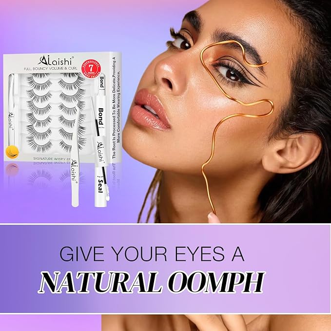 Wispy False Eyelashes Kit With Bond, Seal and Tweezer, 7 Pairs Natural Look Fake Cat Eye Lashes Strips Thin Band Extensions Waterproof Easy Eyelashes for Beginners DF1