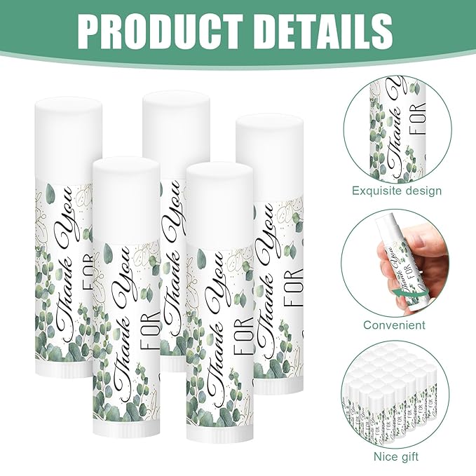 50 Set Bulk Thank You Combo Gifts Include Lip Balms Appreciation Ballpoint Pen Thank You Card Organza Drawstring Gift Bag Pouch for Wedding Parties Baby Shower Favors, Eucalyptus Leaves Style