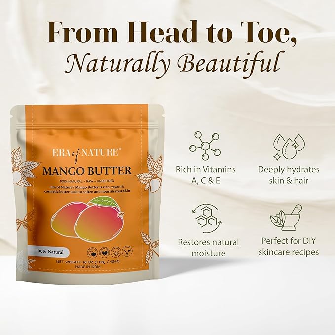 era of nature Organic Unrefined Raw Mango Body Butter Block 16oz - Moisturizing Mango Seed Raw Butter Bar for Skin & Hair, DIY Lip Balm Base, Cream, Soap & Lotion Making Supplies, Personal Skincare