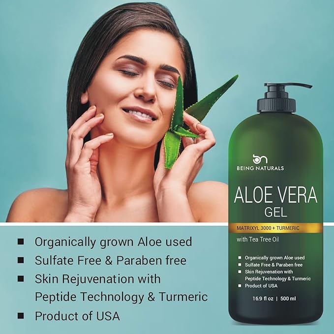 Aloe vera Gel - from 100% Pure Organic Aloe Infused with Matrixyl 3000 (Peptides), Turmeric - Natural Raw Moisturizer for Face, Body, Hair. Perfect for Sunburn, Acne, Razor Bumps 16.9 fl oz