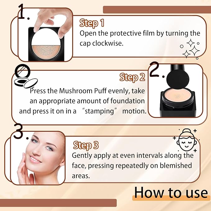 Mushroom Head Air Cushion CC Cream Foundation Makeup,Moisturizing Non-Greasy BB Cream Foundation,Long Lasting Matte Concealer Full Coverage Face Makeup Liquid Foundation for All Skin Types(Natural)
