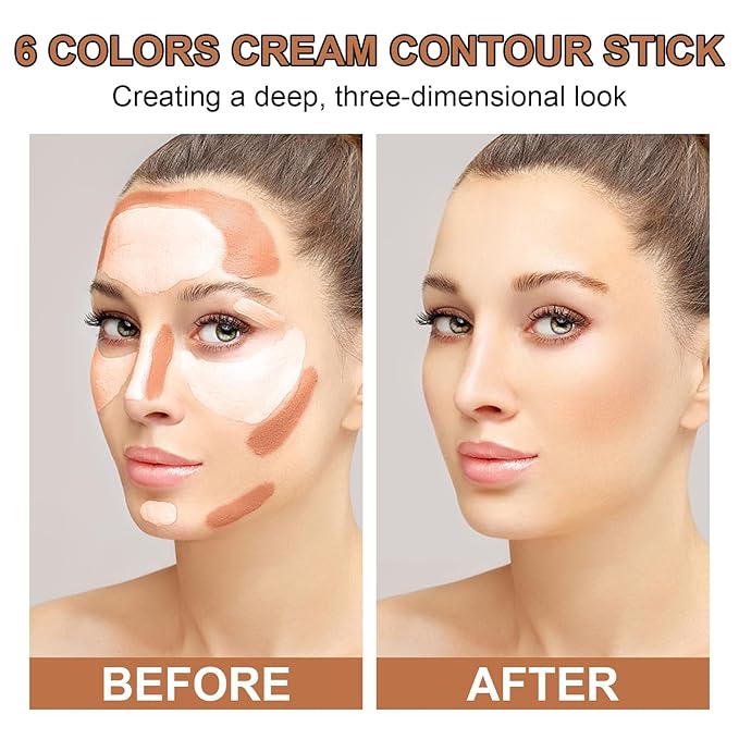 6 Colors Cream Contour Stick Makeup Kit, Shades with Highlighter Stick, Blush Stick and Double-End Bronzer Stick for Sculpt the Cheeks, Waterproof,Dewy & Matte Finish for Beginners (6 COLORS SET C)