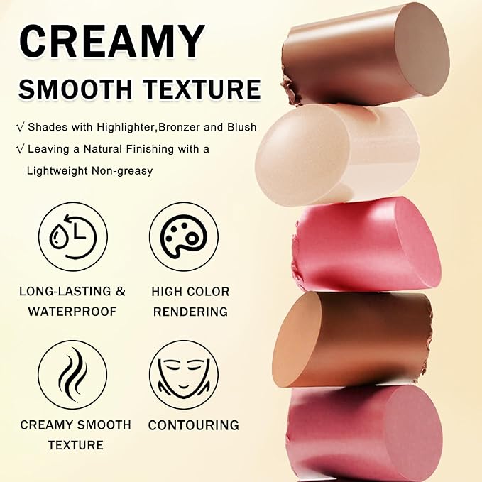 6 Colors Cream Contour Stick Makeup Kit, Double-ended Cream Highlighter Stick Bronzer and Blush Stick for Sculpt the Cheeks, Matte & Dewy Finish, Face Contour Kit for Beginners, Set B