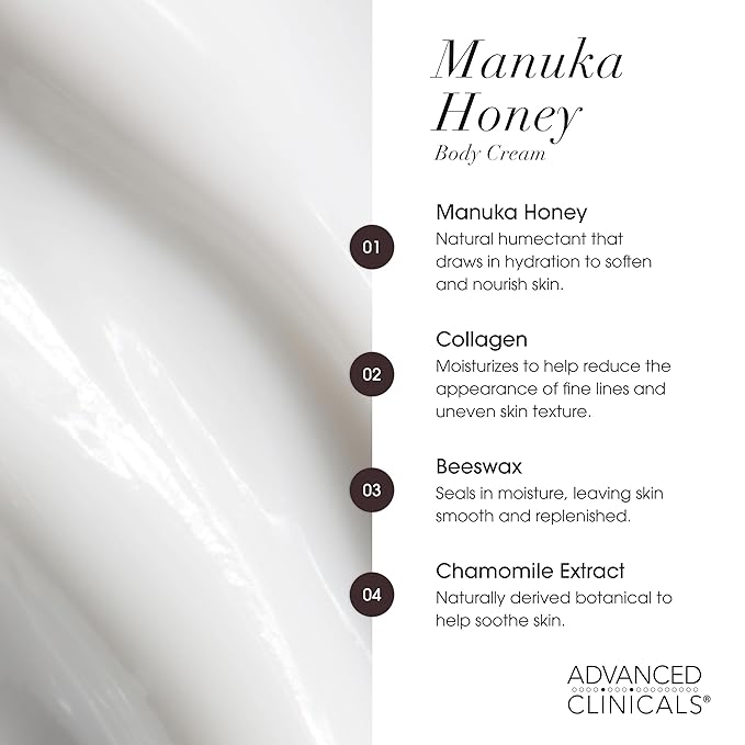 Advanced Clinicals Manuka Honey Body Cream For Women & Men | Body Butter Lotion For Extremely Dry Skin | Collagen Cream | Skincare Moisturizer Hydrating Balm Improves Look Of Aging Skin, 16Oz, 2-Pack