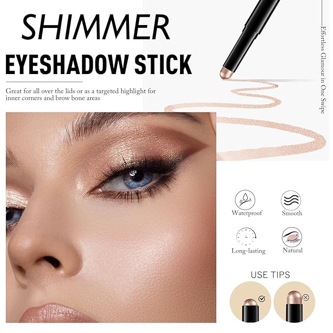 Cocoa Brown Shimmer Eyeshadow Stick, Waterproof Cream Eye Shadow Pencil Long-Lasting Crease-Proof Glitter Eyeshadow Crayon Smooth High Pigmented Highlighter Neutral Eye Shadow Liner Makeup